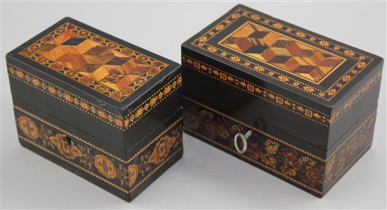 Two Tunbridge ware coromandel perspective cube and geometric mosaic ink bottle boxes, probably Barton, 4.5in.